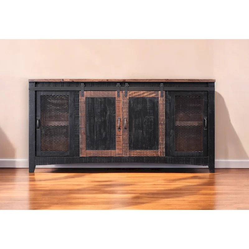 Meuble TV en bois massif noir avec rangement fermé et finition vieillie de 172 cm x 88 cm x 48 cm