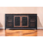 Meuble TV en bois massif noir avec rangement fermé et finition vieillie de 172 cm x 88 cm x 48 cm