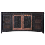 Meuble TV en bois massif noir avec rangement fermé et finition vieillie de 172 cm x 88 cm x 48 cm