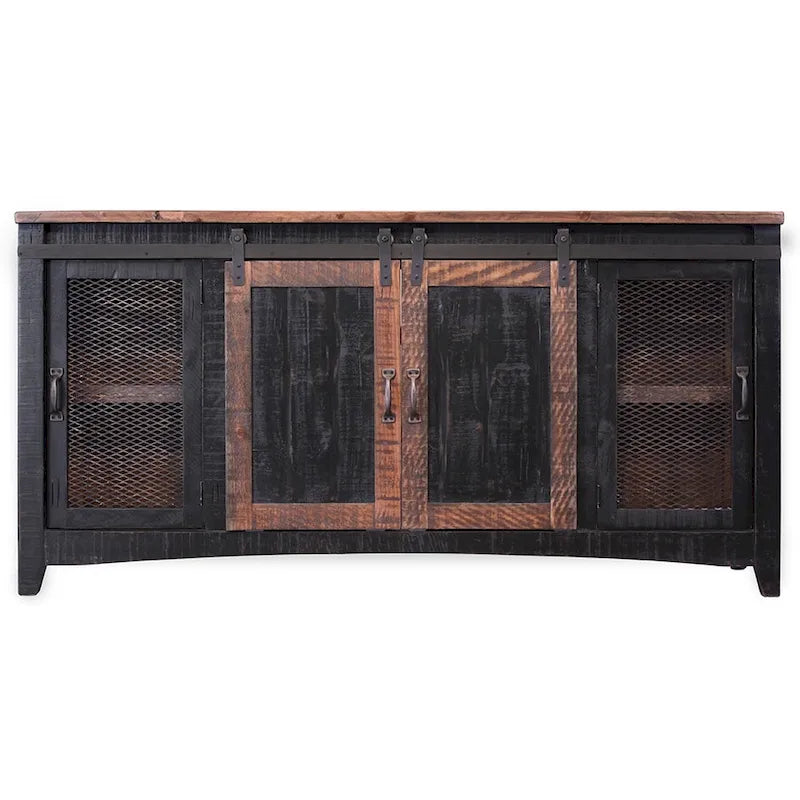 Meuble TV en bois massif noir avec rangement fermé et finition vieillie de 172 cm x 88 cm x 48 cm
