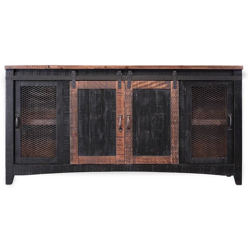 Meuble TV en bois massif noir avec rangement fermé et finition vieillie de 172 cm x 88 cm x 48 cm