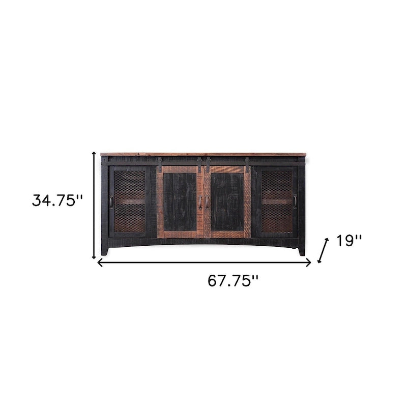 Meuble TV en bois massif noir avec rangement fermé et finition vieillie de 172 cm x 88 cm x 48 cm