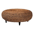 Table basse en jonc de mer tissé main Riau avec pieds en bois - Table ronde en osier naturel pour salon ou chambre à coucher