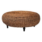 Table basse en jonc de mer tissé main Riau avec pieds en bois - Table ronde en osier naturel pour salon ou chambre à coucher