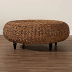 Table basse en jonc de mer tissé main Riau avec pieds en bois - Table ronde en osier naturel pour salon ou chambre à coucher
