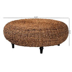 Table basse en jonc de mer tissé main Riau avec pieds en bois - Table ronde en osier naturel pour salon ou chambre à coucher