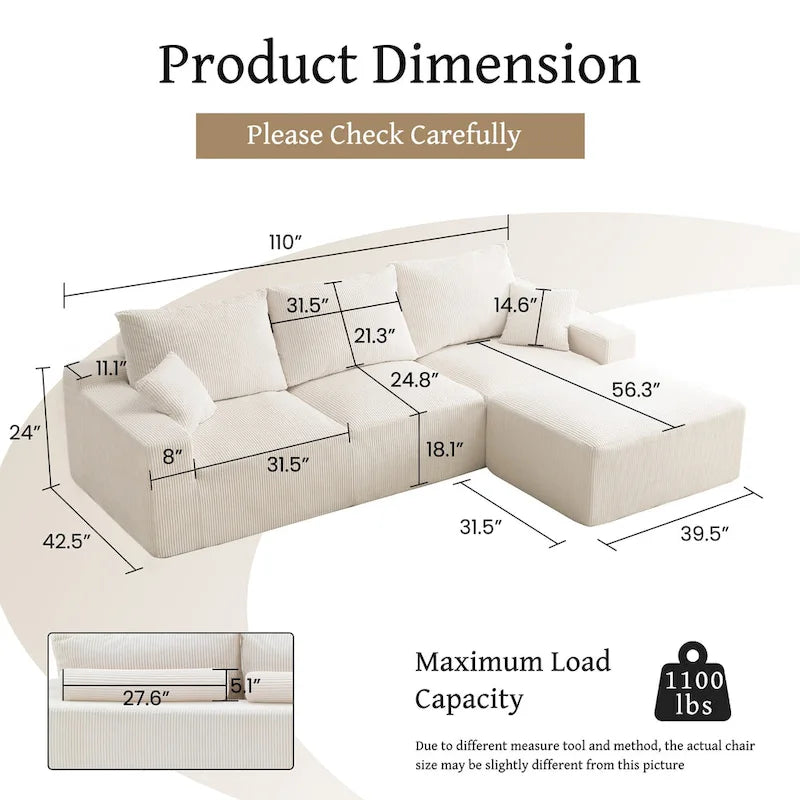 Canapé d'angle modulable ultra-doux Olivia Morgan 279 cm en forme de L, confort à compression totale sans assemblage