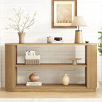 Console polyvalente mince avec étagère ouverte et grain de bois élégant pour le salon