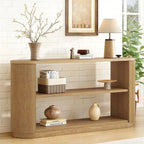 Console polyvalente mince avec étagère ouverte et grain de bois élégant pour le salon