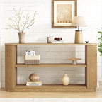 Console polyvalente mince avec étagère ouverte et grain de bois élégant pour le salon