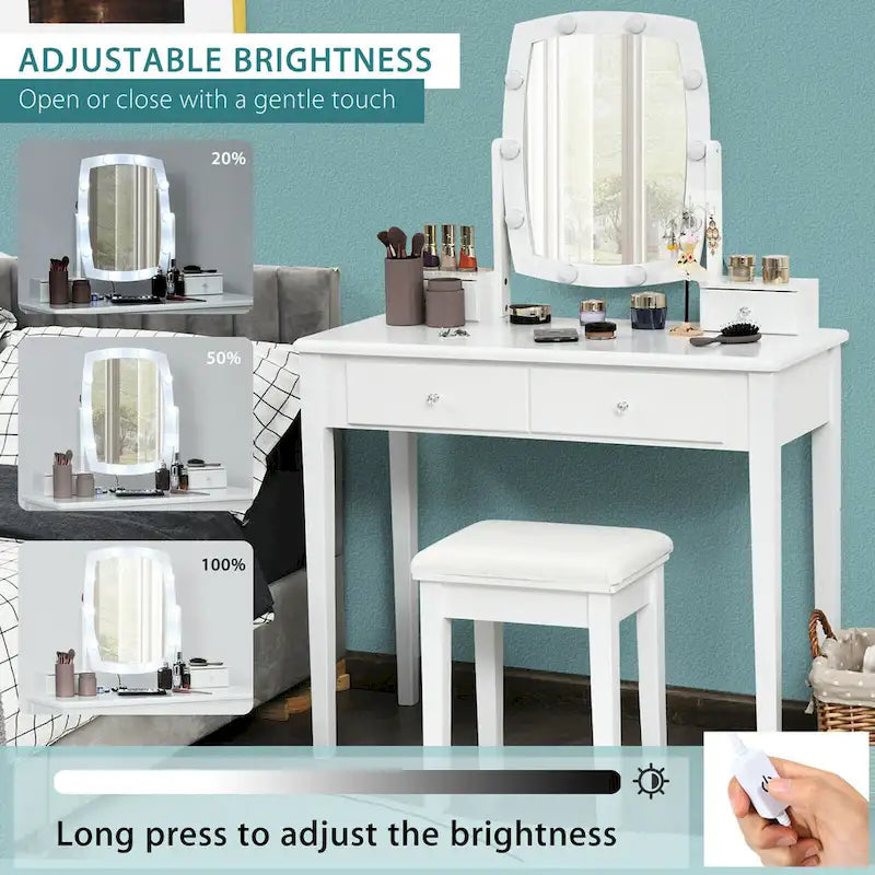 Ensemble de coiffeuse avec miroir lumineux réglable 10 ampoules - Voir détails