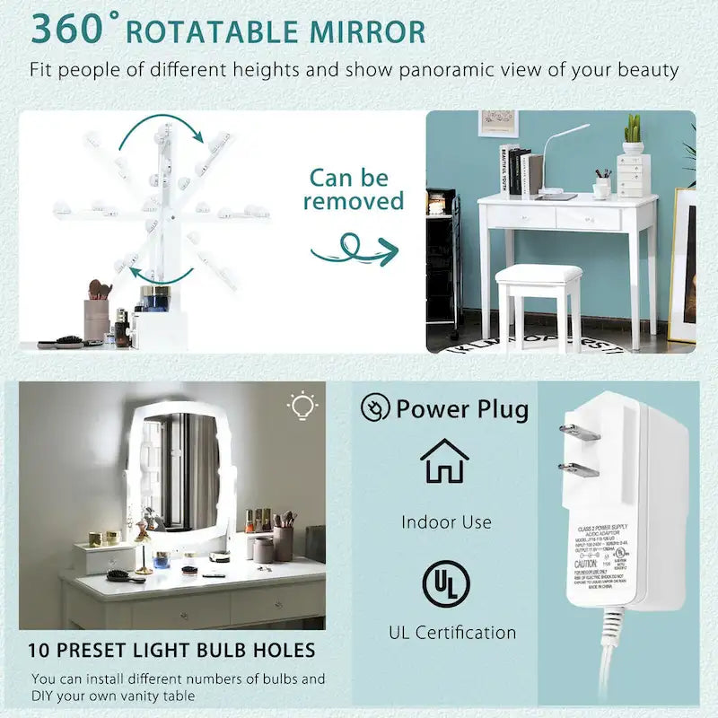 Ensemble de coiffeuse avec miroir lumineux réglable 10 ampoules - Voir détails