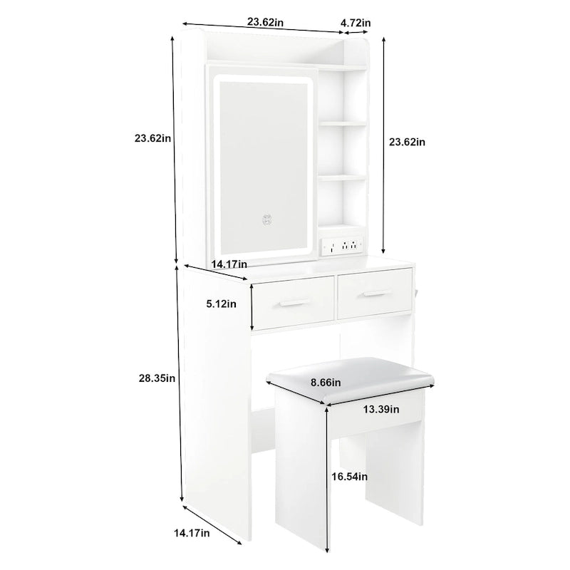 Petite coiffeuse avec miroir et lumières LED, prise de courant intégrée et rangement caché, comprend un tabouret rembourré et une étagère.