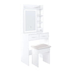Petite coiffeuse avec miroir et lumières LED, prise de courant intégrée et rangement caché, comprend un tabouret rembourré et une étagère.