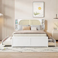 Lit plate-forme blanc Queen Size avec tête de lit en rotin, deux tiroirs et lit gigogne