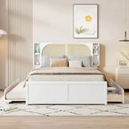 Lit plate-forme blanc Queen Size avec tête de lit en rotin, deux tiroirs et lit gigogne