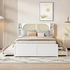 White Queen Size Platform Bed with Rattan Headboard,Two Drawers and Trundle