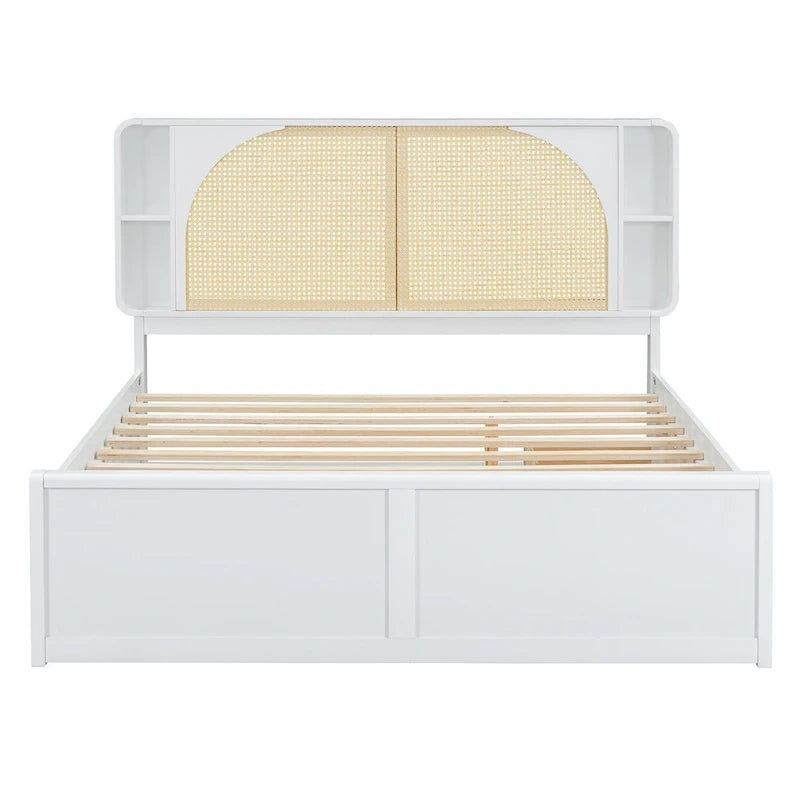 Lit plate-forme blanc Queen Size avec tête de lit en rotin, deux tiroirs et lit gigogne