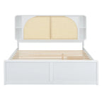 Lit plate-forme blanc Queen Size avec tête de lit en rotin, deux tiroirs et lit gigogne