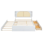 Lit plate-forme blanc Queen Size avec tête de lit en rotin, deux tiroirs et lit gigogne