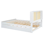 Lit plate-forme blanc Queen Size avec tête de lit en rotin, deux tiroirs et lit gigogne