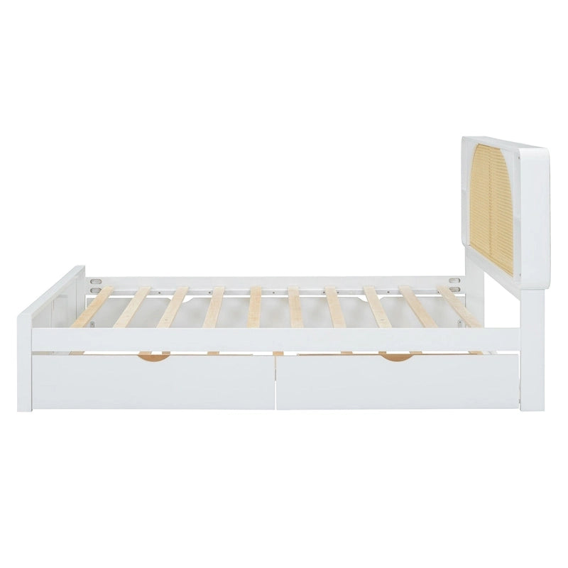 Lit plate-forme blanc Queen Size avec tête de lit en rotin, deux tiroirs et lit gigogne