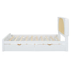 Lit plate-forme blanc Queen Size avec tête de lit en rotin, deux tiroirs et lit gigogne