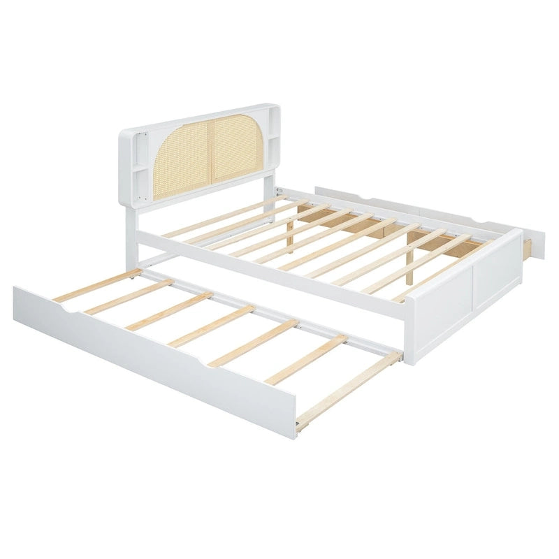 Lit plate-forme blanc Queen Size avec tête de lit en rotin, deux tiroirs et lit gigogne