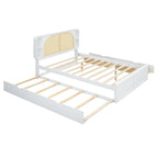 Lit plate-forme blanc Queen Size avec tête de lit en rotin, deux tiroirs et lit gigogne