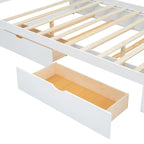 Lit plate-forme blanc Queen Size avec tête de lit en rotin, deux tiroirs et lit gigogne