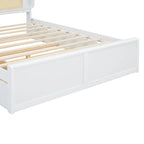 Lit plate-forme blanc Queen Size avec tête de lit en rotin, deux tiroirs et lit gigogne