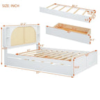 Lit plate-forme blanc Queen Size avec tête de lit en rotin, deux tiroirs et lit gigogne
