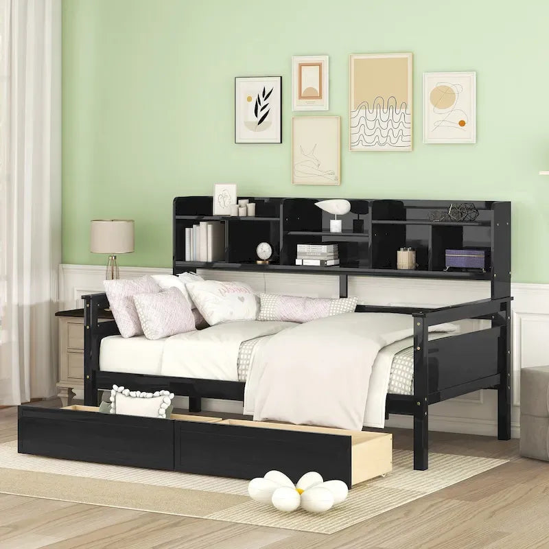 Lit de repos simple en bois avec étagères et tiroirs
