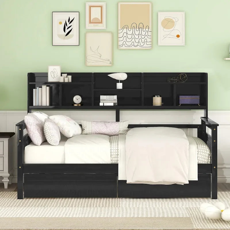 Lit de repos simple en bois avec étagères et tiroirs