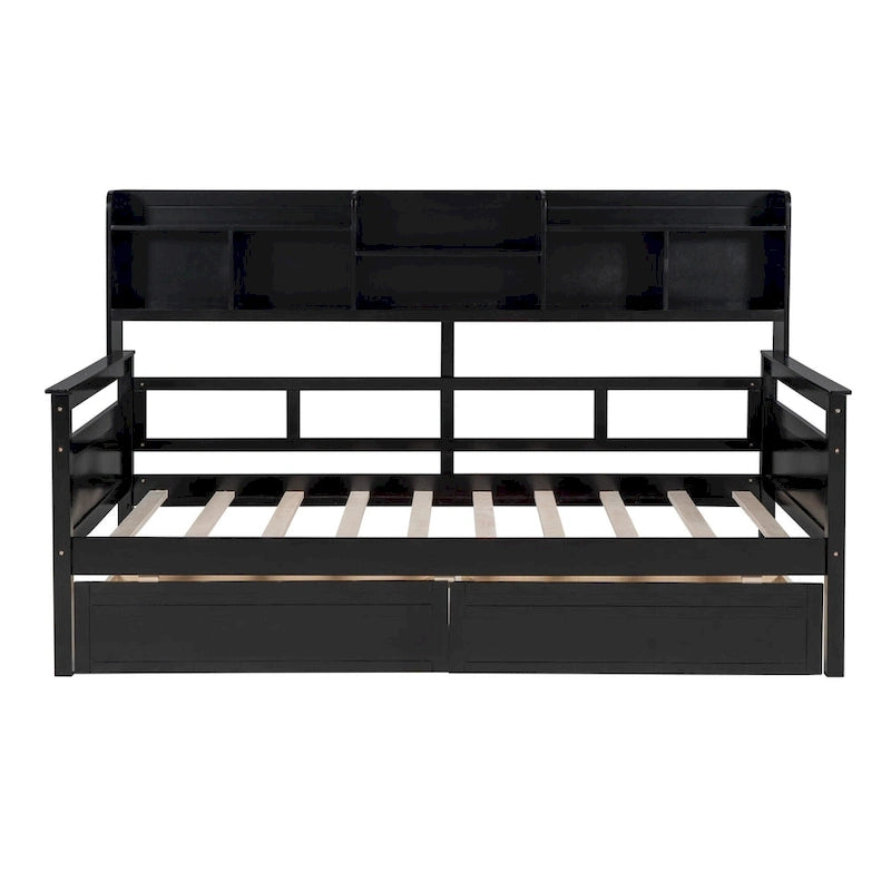 Lit de repos simple en bois avec étagères et tiroirs