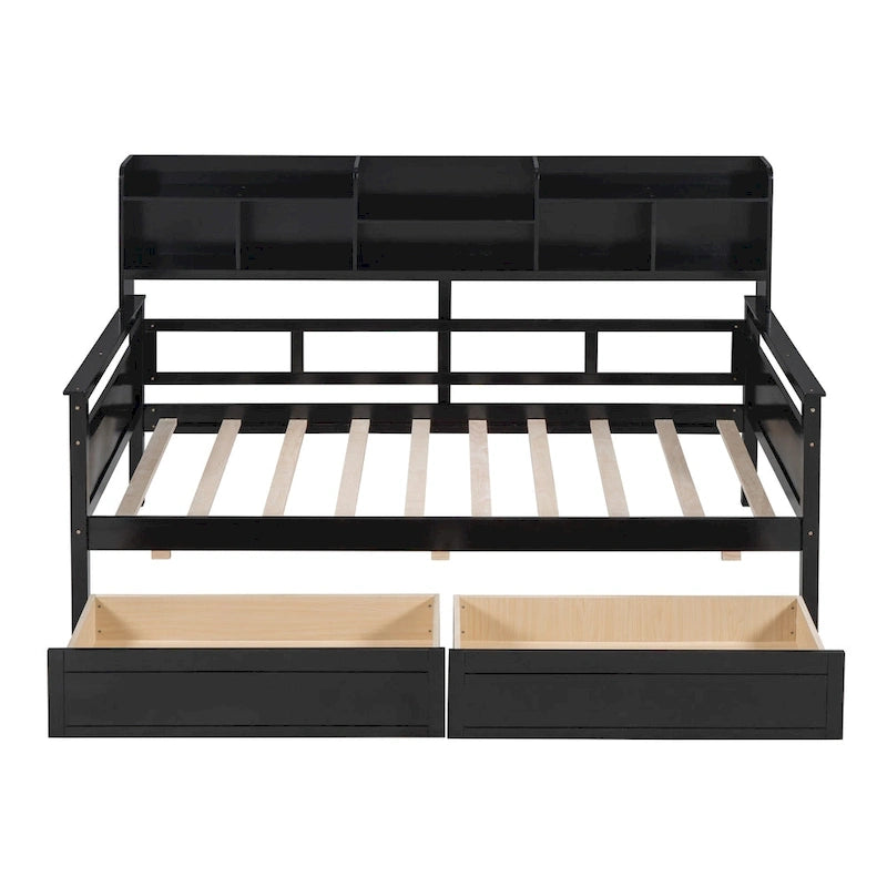 Lit de repos simple en bois avec étagères et tiroirs