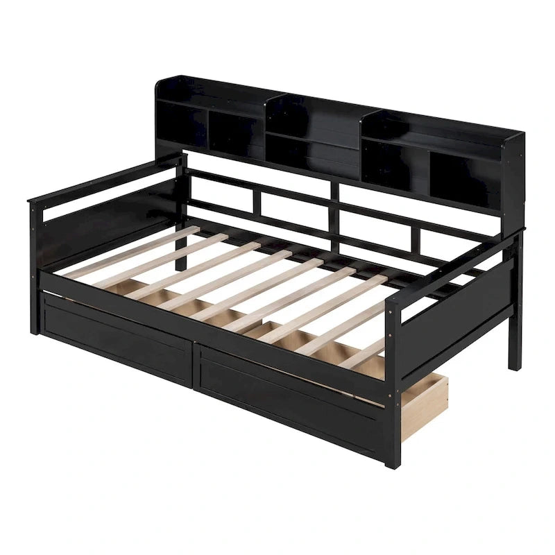 Lit de repos simple en bois avec étagères et tiroirs