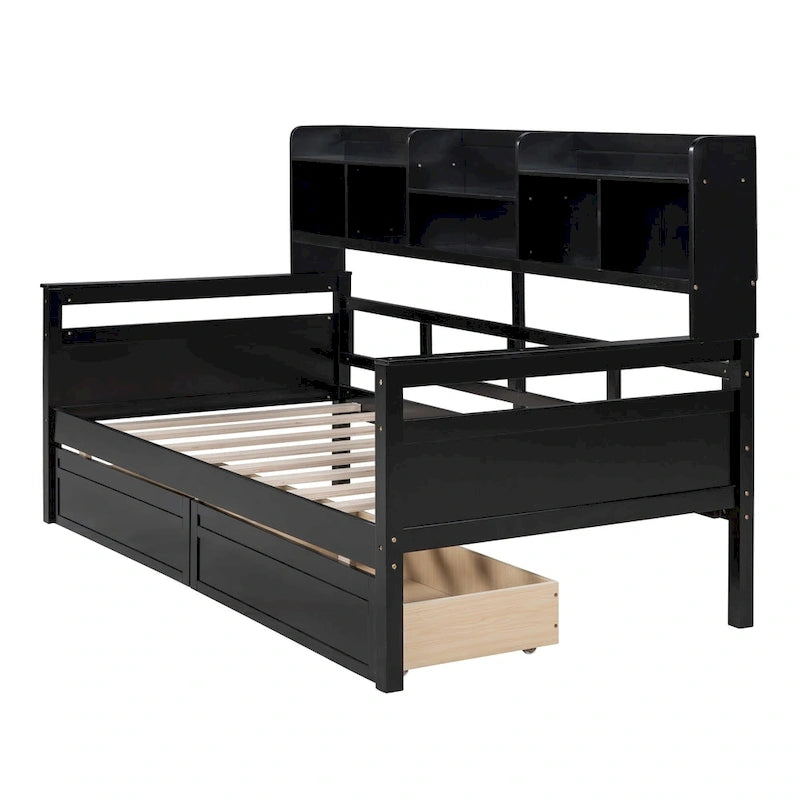 Lit de repos simple en bois avec étagères et tiroirs