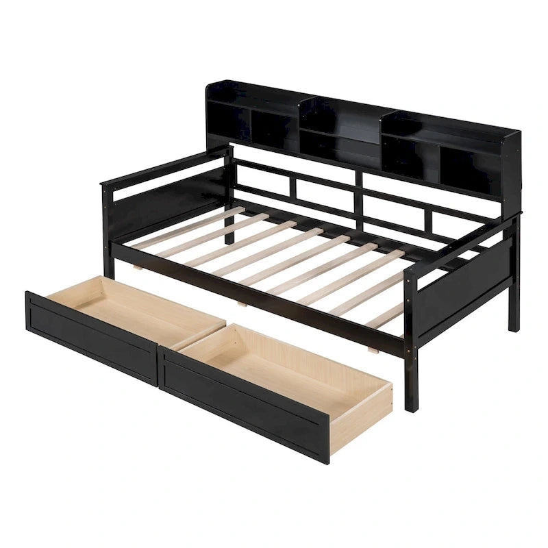 Lit de repos simple en bois avec étagères et tiroirs