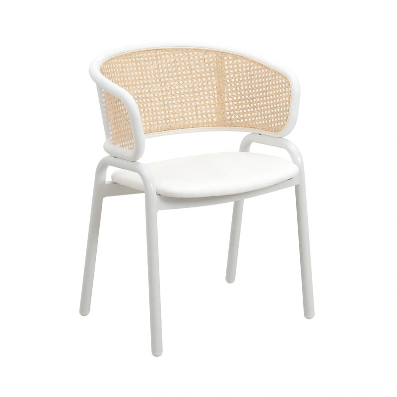 Chaise d'appoint moderne et élégante avec dossier en rotin et pieds en acier blanc pour salle à manger et cuisine