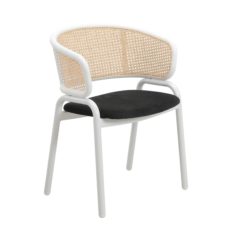Chaise d'appoint moderne et élégante avec dossier en rotin et pieds en acier blanc pour salle à manger et cuisine
