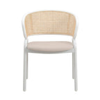 Chaise d'appoint moderne et élégante avec dossier en rotin et pieds en acier blanc pour salle à manger et cuisine