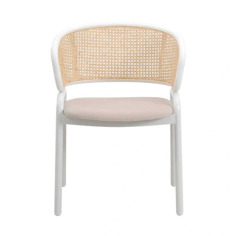 Chaise d'appoint moderne et élégante avec dossier en rotin et pieds en acier blanc pour salle à manger et cuisine