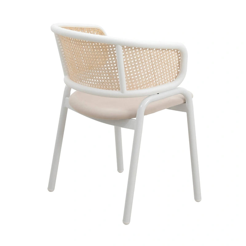 Chaise d'appoint moderne et élégante avec dossier en rotin et pieds en acier blanc pour salle à manger et cuisine