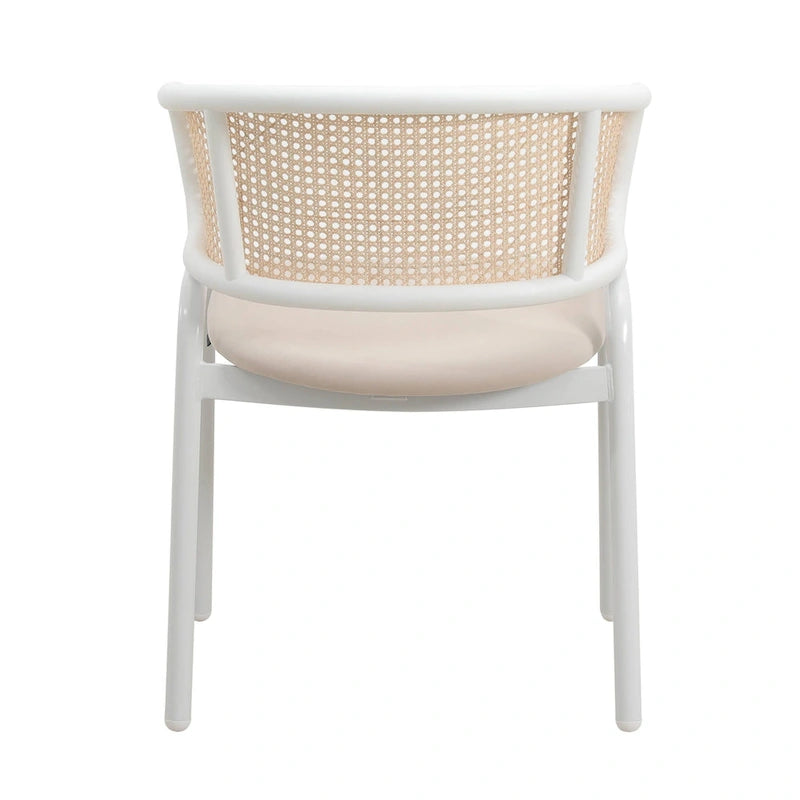 Chaise d'appoint moderne et élégante avec dossier en rotin et pieds en acier blanc pour salle à manger et cuisine