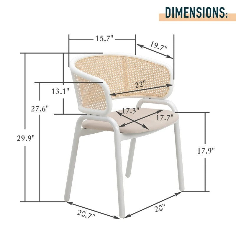 Chaise d'appoint moderne et élégante avec dossier en rotin et pieds en acier blanc pour salle à manger et cuisine