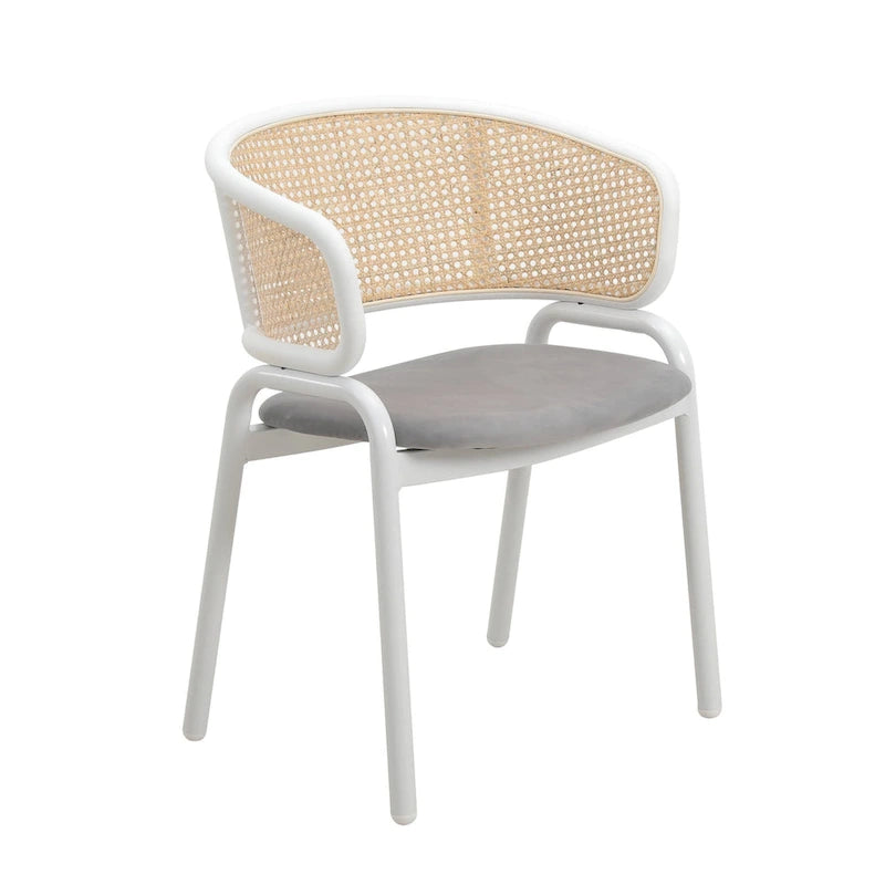 Chaise d'appoint moderne et élégante avec dossier en rotin et pieds en acier blanc pour salle à manger et cuisine