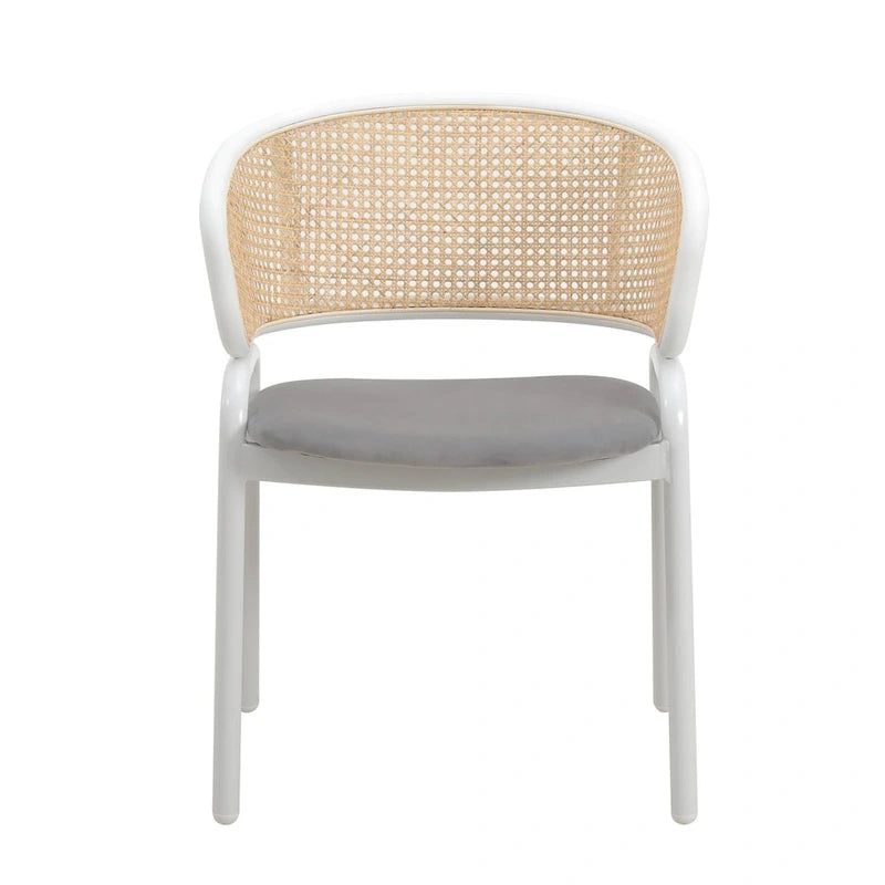 Chaise d'appoint moderne et élégante avec dossier en rotin et pieds en acier blanc pour salle à manger et cuisine