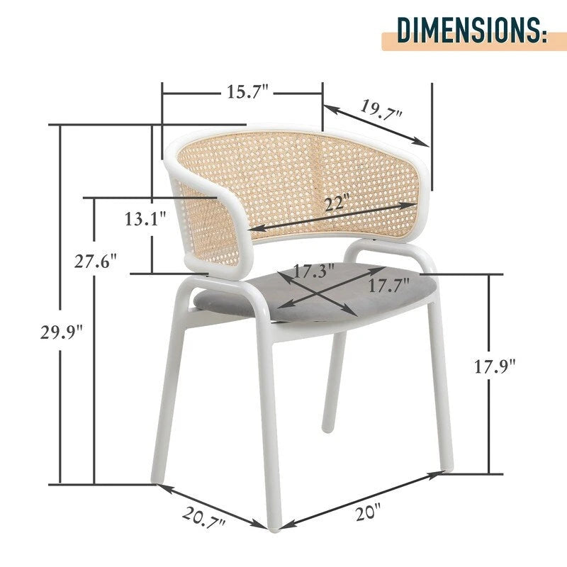 Chaise d'appoint moderne et élégante avec dossier en rotin et pieds en acier blanc pour salle à manger et cuisine