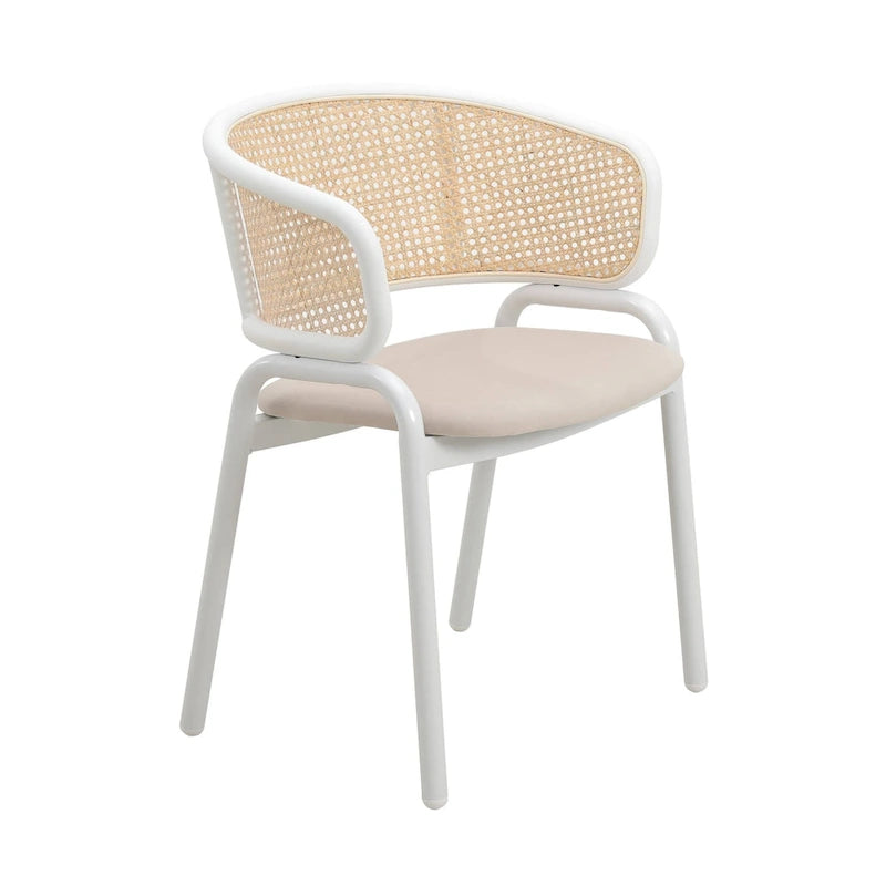 Chaise d'appoint moderne et élégante avec dossier en rotin et pieds en acier blanc pour salle à manger et cuisine